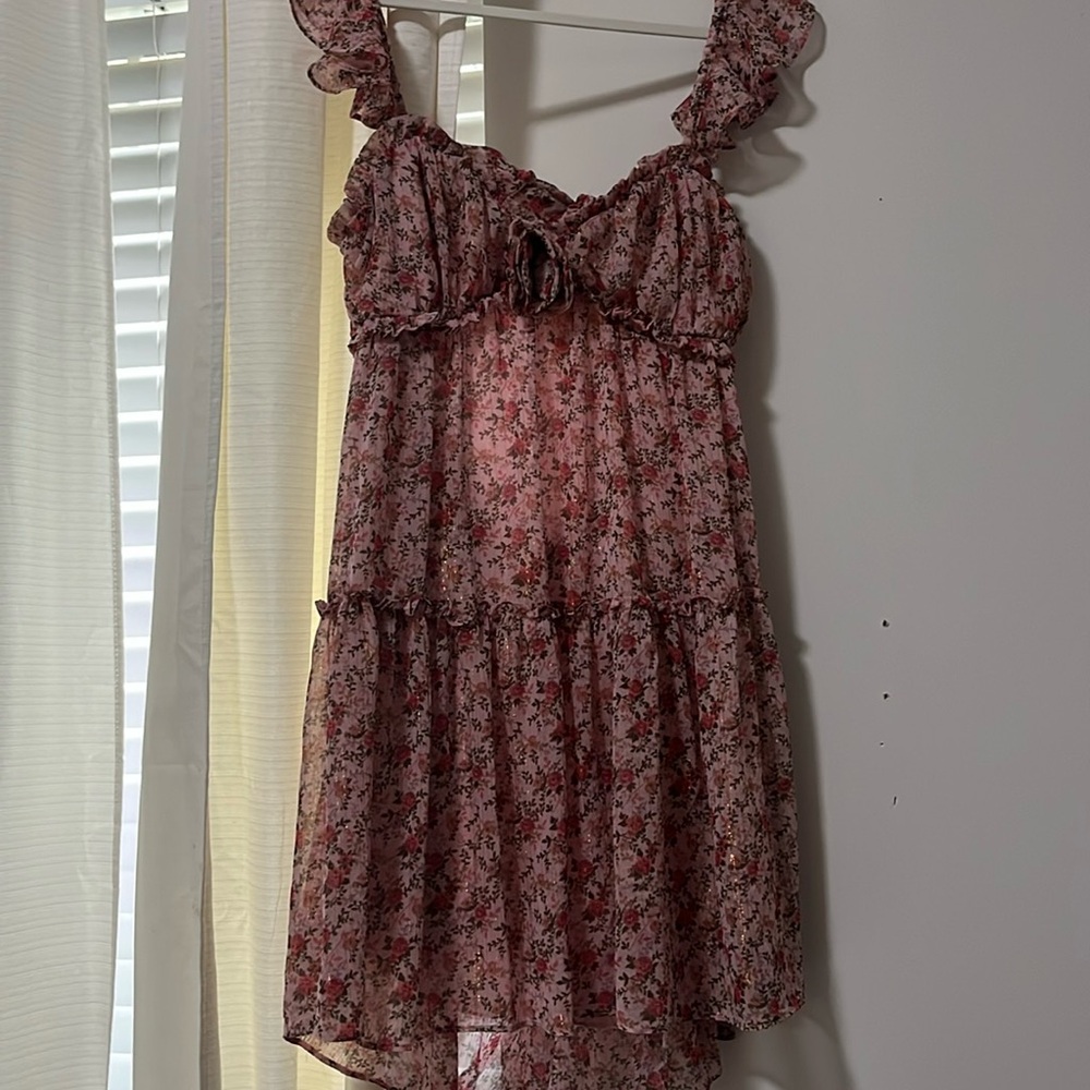 Pink open back floral mini dress